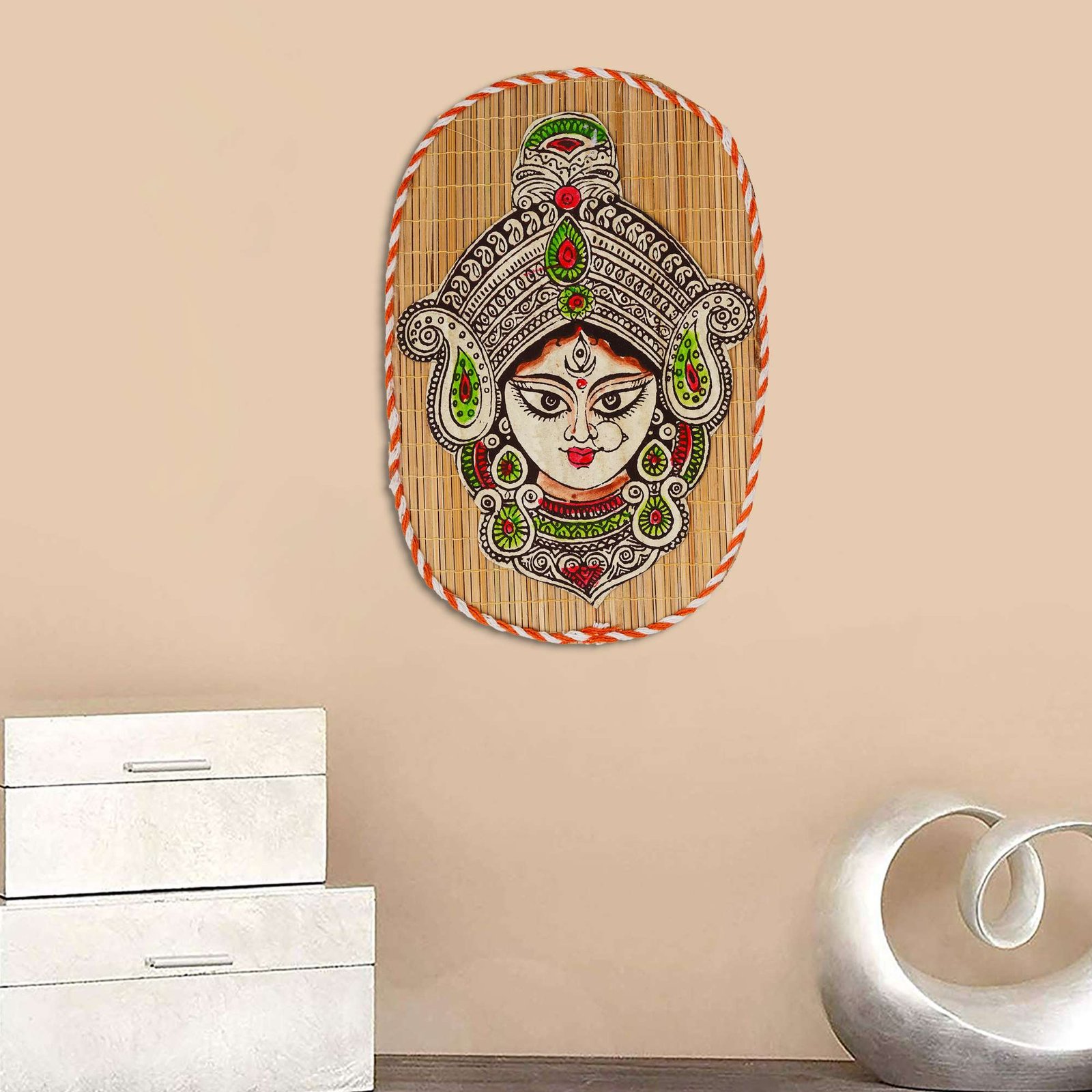 Oval Shaped Design Bamboo Hand Crafted Wall Hangings Durga Ji  For Home D?cor | Bamboo Art For Wall Decor - Image 3
