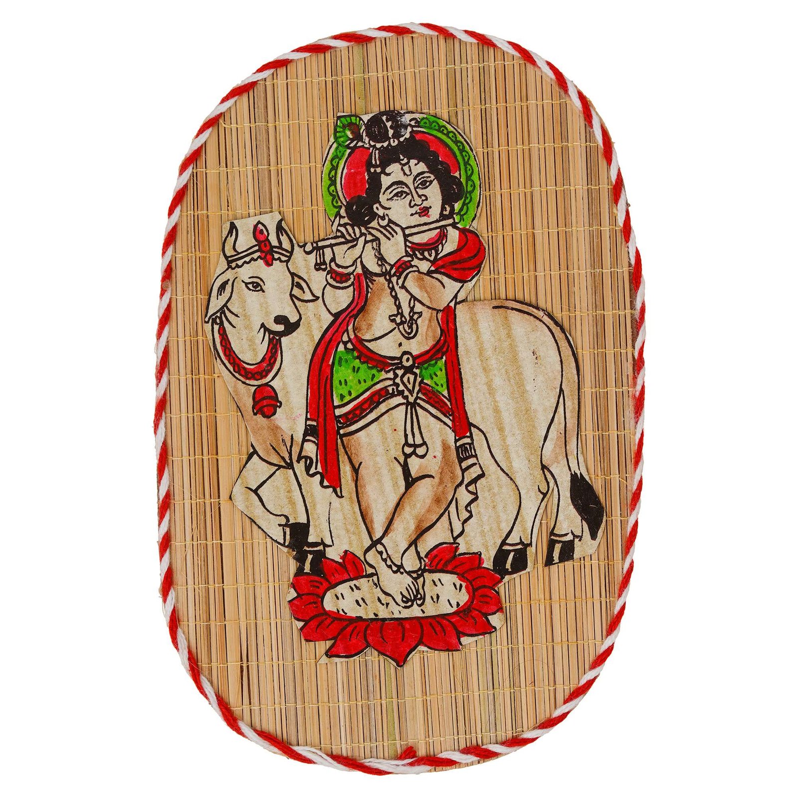 Oval Shaped Design Bamboo Hand Crafted Wall Hangings Of Bal Gopal With Holy Cow For Home D?cor | Bamboo Art For Wall Decor - Image 3